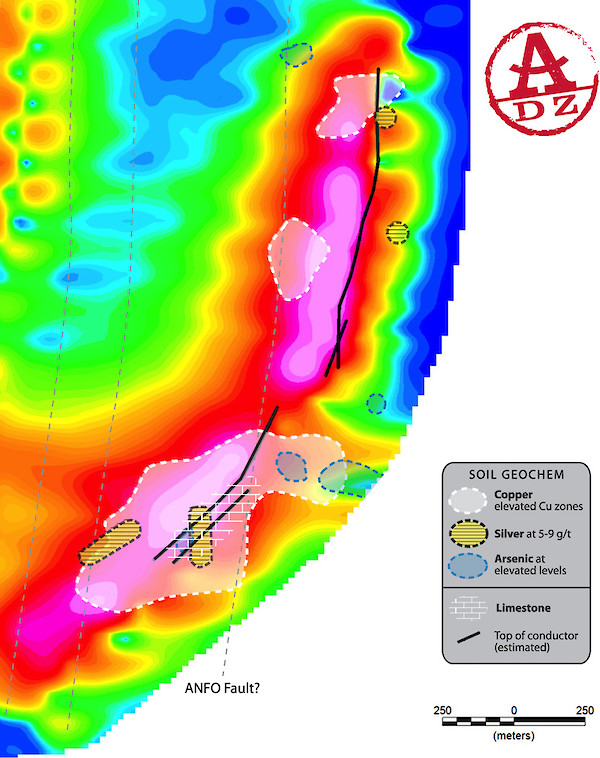 Figure. VTEM Conductor Plan Map - Big Banana Target. Red/Magenta areas are Conductive
